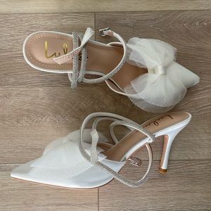 Lulus Lelanee White Satin Rhinestone Bow Ankle Strap Pumps